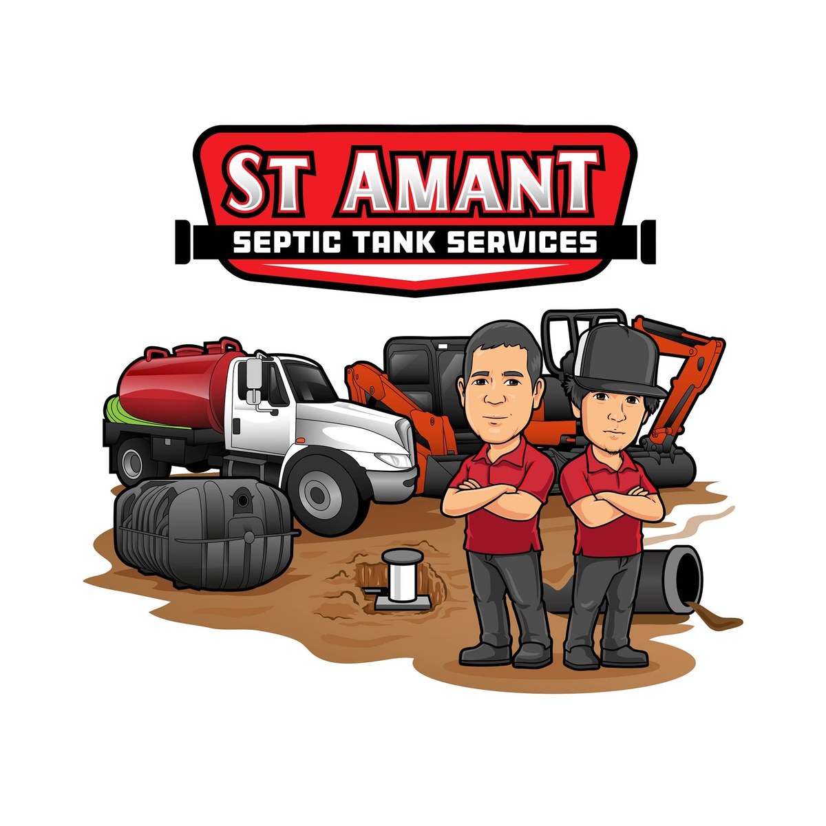 St. Amant Septic Tank Services illustration: Jason Lambert and his son in company shirts, with the pump truck, an excavator, a treatment tank and sewer pipe.